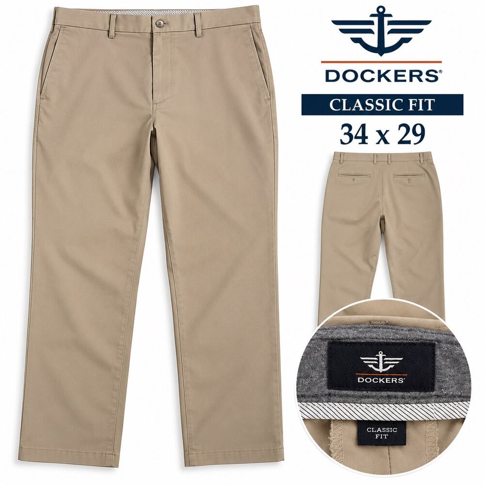 Dockers Classic Fit Khaki Pants Mens 34x29 Beige Tan Chino Flat Front